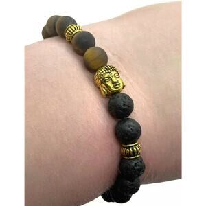 Womens Black Lava Tiger Eye With Buddha Natural Stretch Adjustable Bracelet